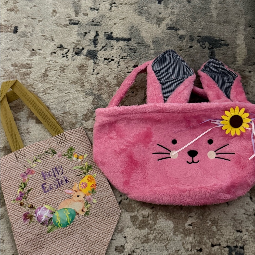 Pink Bunny Plush Kids Easter basket Bag with Sunflower Accent plus Easter tote